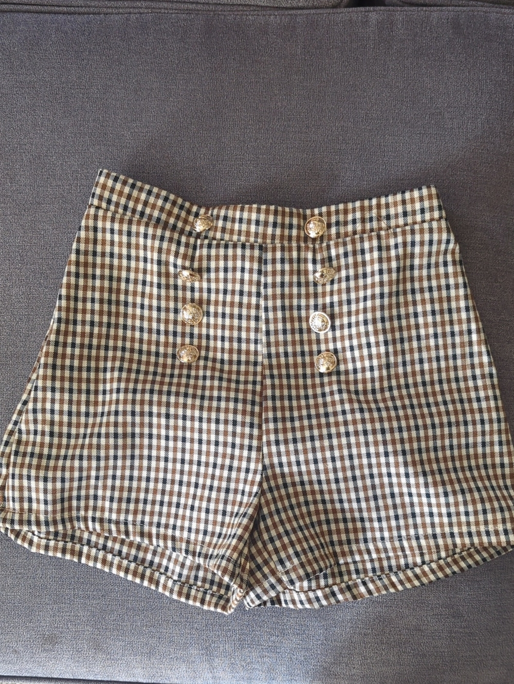 SHEIN High-Waist Plaid Shorts with Gold Buttons - Cream/Brown/Black